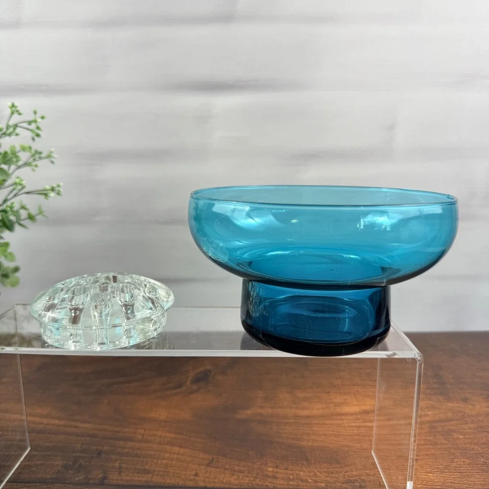 Morgantown Glass Sharon 9922 Flowerlite Peacock Blue Bowl Flower Frog MCM